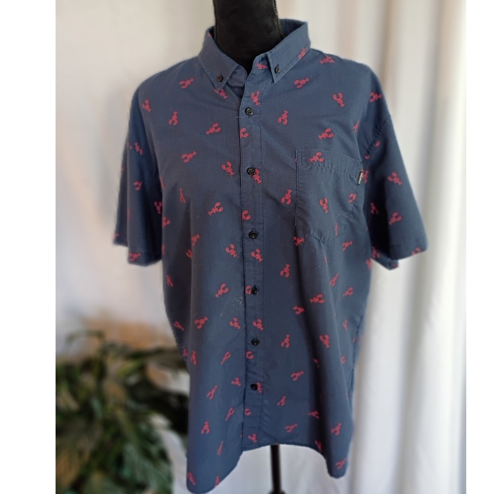 Molokai Mens Navy Blue Lobster Print Short Sleeve Button Down Shirt Large
